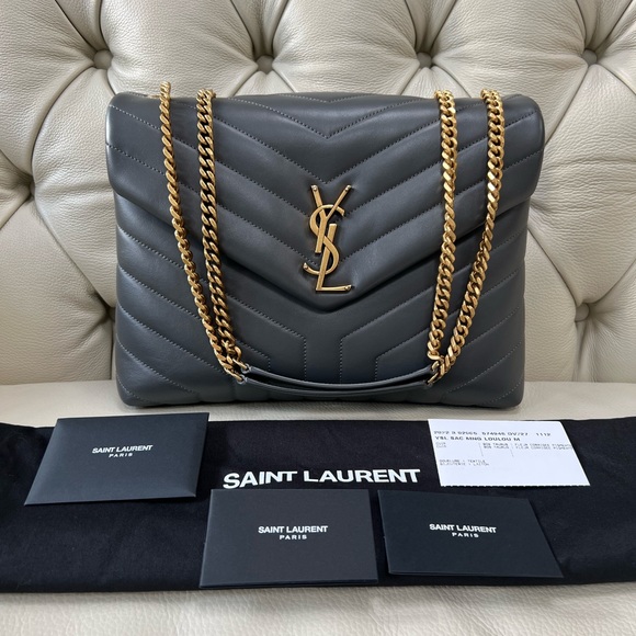 NWT Saint Laurent LouLou Storm Gray Leather Medium Shoulder Bag Gold HW - Picture 4 of 13